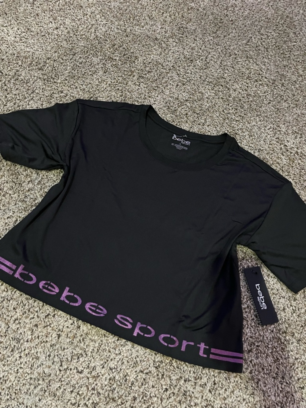 bebe black crewneck tee with lavender logo